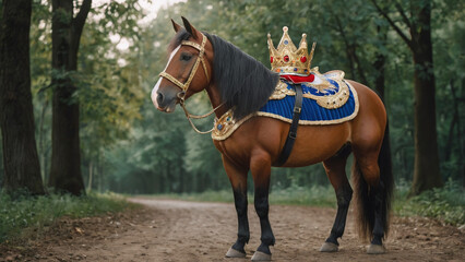 animal horse with crown in forest AI generated