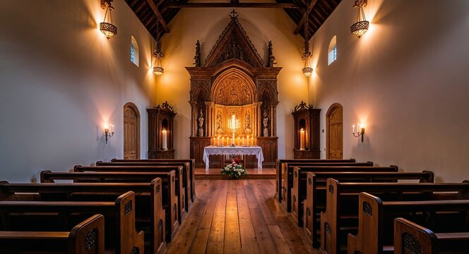 Candlelit chapel with intricate carvings wooden pews and warm light illuminating the interior - Powered by Adobe