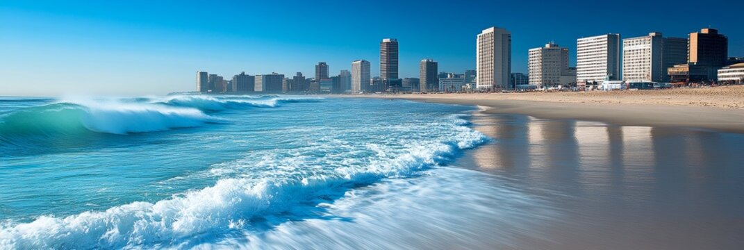 Oceanfront Cityscape Waves Crashing on the Shore with a Coastal City Skyline and Clear Blue Sky
