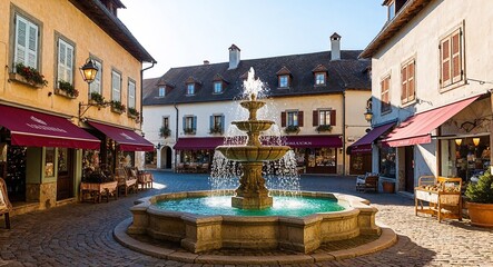 Charming village square with a fountain sparkling in the sunlight surrounded by quaint shops