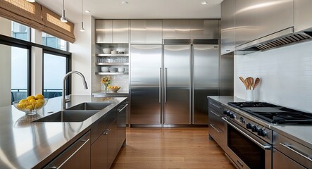 Clean kitchen with stainless steel surfaces a large fridge and a stylish layout
