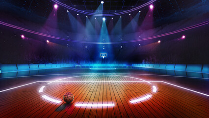 Basketball court bathed in vibrant neon lights, with single basketball resting at center of illuminated court. 3D render of stadium. Concept of professional sport, tournament, competition, live event © master1305