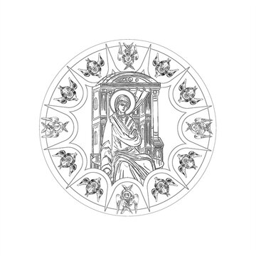 recommend clip art: Annunciation to the Blessed Virgin Mary sky round dome with 4 apostles and seraphim. Coloring page in Byzantine style