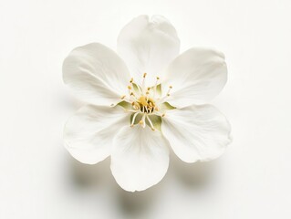 Obraz premium delicate white flower gracefully isolated on a seamless white background, showcasing intricate petal details and soft shadows, perfect for minimalist compositions