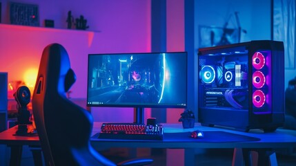Sleek gaming desk with a powerful PC, surrounded by neon lights and futuristic, AI-inspired designs displayed on the monitor.