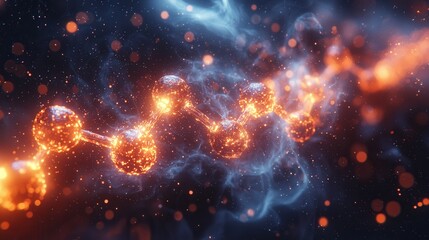 Fototapeta premium An abstract representation of molecular structures with glowing particles and a cosmic background. The image conveys a sense of scientific exploration and creativity.