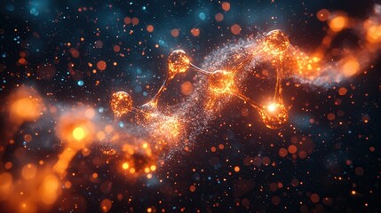 Fototapeta premium A mesmerizing view of colorful molecules floating in a dark space filled with glowing particles, emphasizing the beauty of science and creativity.