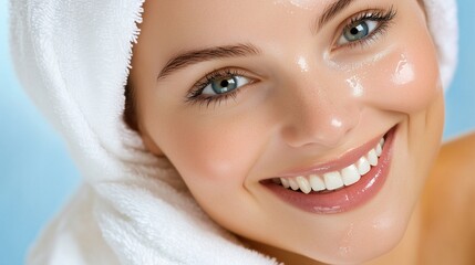 Fresh facial care: smiling woman with towel wrapped head for beauty and wellness promotion