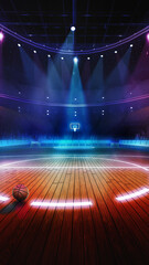Basketball court in vibrant neon lights, with single basketball resting at center of illuminated court. 3D render of stadium. Concept of professional sport, tournament, competition. Vertical image © master1305