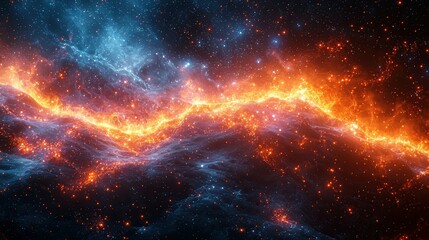 Naklejka premium An abstract cosmic scene showcasing vibrant colors of orange, blue, and black, reminiscent of a nebula in space with sparkling stars.