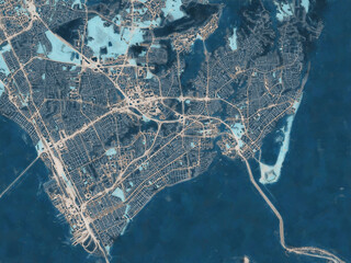Painterly Style City Map of Hampton Virginia, USA in a Blue Color Scheme.