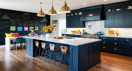 Family friendly kitchen with a large island children art displayed and a chalkboard wall