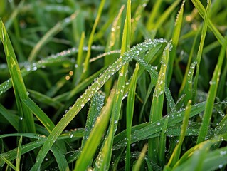 Fototapeta premium dew drops glistening on lush green grass, embodying freshness and the beauty of nature in the early morning light