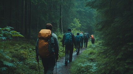 A group of hikers trek through a lush green forest trail in the early morning light on an adventurous outing
