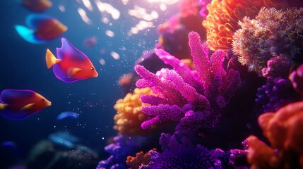 Naklejka premium Colorful coral reef with fish swimming in clear blue water.