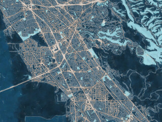 Painterly Style City Map of Hayward California, USA in a Blue Color Scheme.