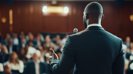 A Back View of a Motivational Speaker Addressing a Diverse Audience, Emphasizing Inclusion and Shared Goals