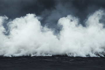 Abstract modern design, white smoke texture on vintage black background, banner. AI generation.