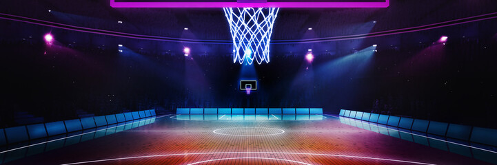 Basketball court in vibrant neon lights, with hoop above center of illuminated court. 3D render of stadium. Banner. Concept of professional sport, tournament, competition, live event