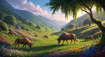 Fototapeta premium Lush valley filled with vibrant flowers mythical creatures grazing and soft sounds of nature