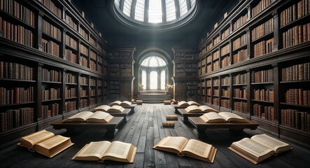 Obraz premium Magical library with floating books and scrolls containing the knowledge of the universe