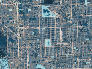 Painterly Style City Map of Hialeah Florida, USA in a Blue Color Scheme.