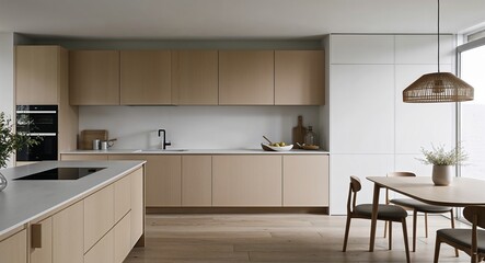 Minimalist kitchen with sleek cabinetry natural materials and a functional layout