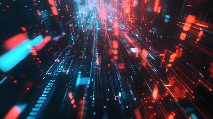 Fototapeta premium a dynamic, abstract representation of motion with blurred lines and vibrant colors, suggesting speed and movement. Overlaying the scene are digital elements like arrows and data graphs