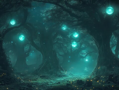 eerie fantasy forest shrouded in darkness, illuminated by glowing orbs of light, creating an enchanting yet ominous atmosphere that beckons the viewer to explore further