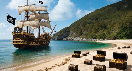Pirate ship docked in a hidden cove with treasure chests scattered on the sandy shore