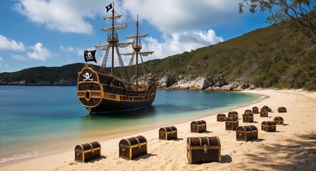 Pirate ship docked in a hidden cove with treasure chests scattered on the sandy shore