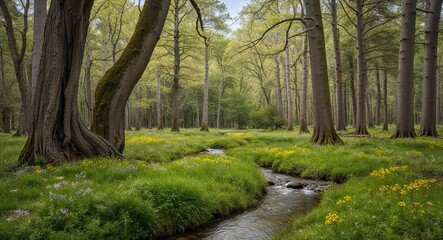 Naklejka premium Serene forest clearing with a small stream flowing through ancient trees and wildflowers blooming