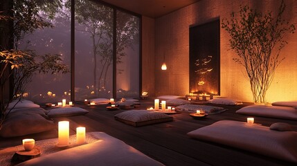 Tranquil meditation space with soft lighting and cozy cushions in a serene indoor setting during twilight