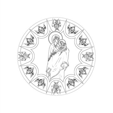 mother mary holding baby jesus, black line art clip art preview