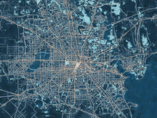 Painterly Style City Map of Houston Metro Texas, USA in a Blue Color Scheme.