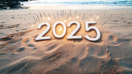 Beach scene with sparkling 2025 numbers made of sand surrounded by fireworks, capturing a festive celebration of the new year at the seaside during sunset.