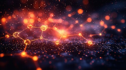 Fototapeta premium An abstract visualization of a molecular structure illuminated with orange particles against a blurred dark background, showcasing creativity and depth.