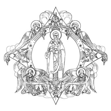 black and white saint surrounded by angels clip art preview