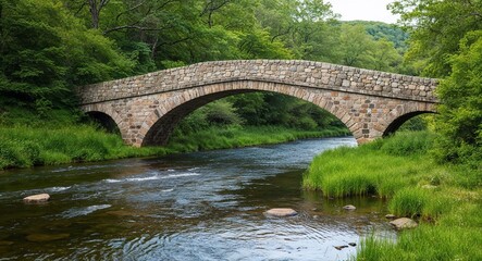 Fototapeta premium Stone bridge over a river surrounded by lush greenery and gentle ripples in the water