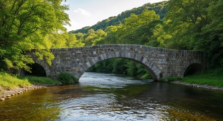 Fototapeta premium Stone bridge over a river surrounded by lush greenery and gentle ripples in the water
