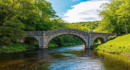 Fototapeta premium Stone bridge over a river surrounded by lush greenery and gentle ripples in the water