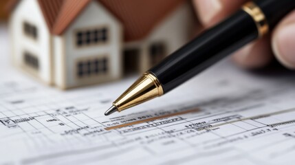 Real estate investment concept: model house with pen on blueprints for spring planning