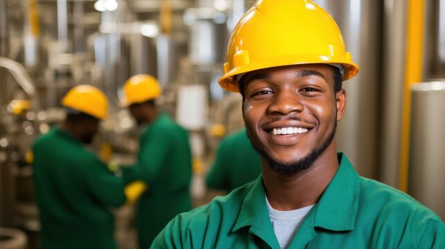 Confident worker in green uniform at industrial facility for manufacturing safety