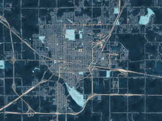 Painterly Style City Map of Hutchinson Kansas, USA in a Blue Color Scheme.