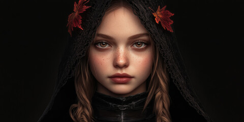 Young girl with long braids and autumn leaves in a dark hood, displaying a serene expression