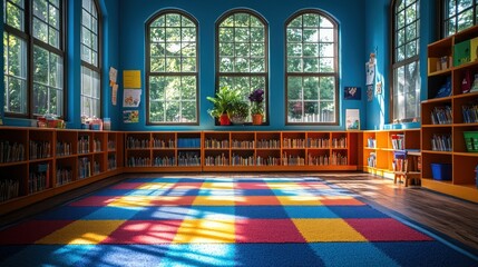 Obraz premium Bright children's library with colorful carpet and bookshelves.