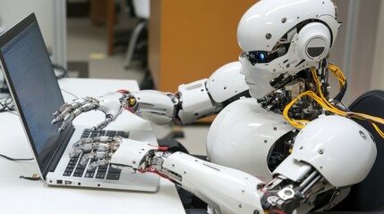 Robotic hands typing on laptop keyboard for ai and tech innovation