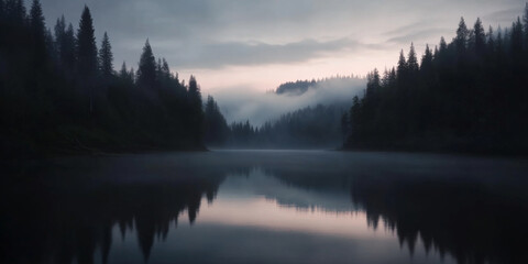 Fototapeta premium Misty dawn reflecting on a tranquil lake surrounded by towering evergreen trees