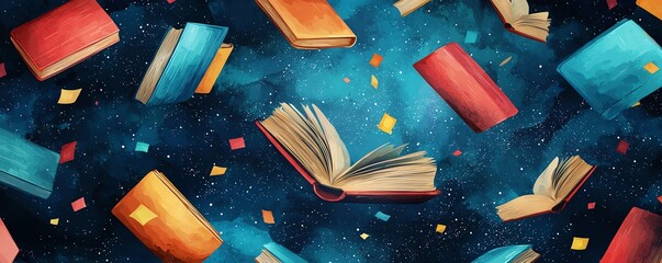 Floating colorful books in a cosmic background, representing imagination and knowledge.