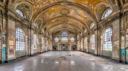 Obraz premium The image showcases a beautifully decayed, grandiose hall of an abandoned building with intricate architectural details and peeling paint on the walls